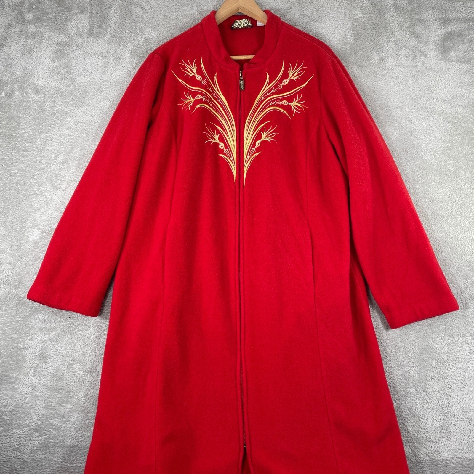Bob Mackie Wearable Art Fleece Robe Womens Xl Red Gold Embroidery Zip Front Coat